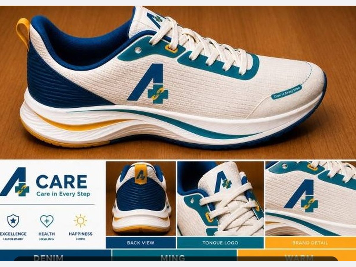 Design sheet for a white, teal and blue running shoe, with call-outs for the back view, tongue logo and side branding