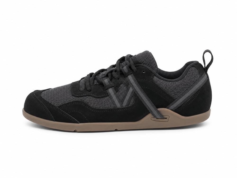 OEM/ODM minimalist barefoot trainer in black suede and mesh with wide toe box and thin flexible gum sole on a flat zero-drop profile, manufactured by DOING Footwear (sample 2)