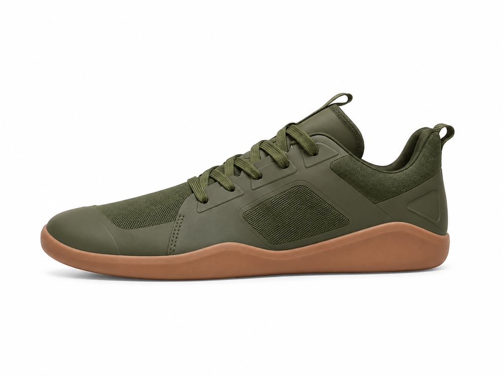 OEM/ODM olive minimalist barefoot sneaker with wide rounded toe box and thin flexible gum outsole on a flat zero-drop profile, manufactured by DOING Footwear (sample 3)