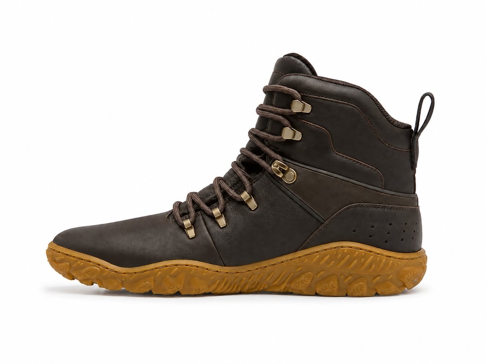 OEM/ODM barefoot hiking boot in dark brown leather with wide anatomical toe box, brass lace hooks and thin flexible lugged gum outsole, manufactured by DOING Footwear (sample 4)