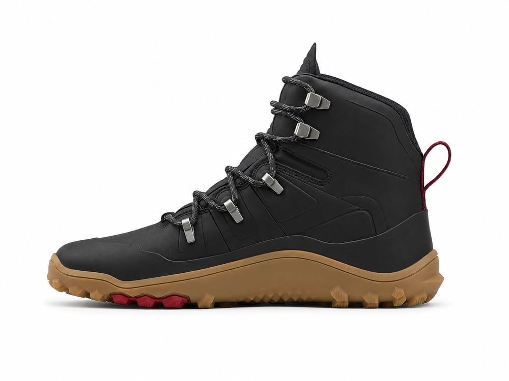 OEM/ODM black barefoot hiking boot with wide toe box, metal speed hooks and thin flexible lugged gum outsole on a flat zero-drop profile, manufactured by DOING Footwear (sample 5)