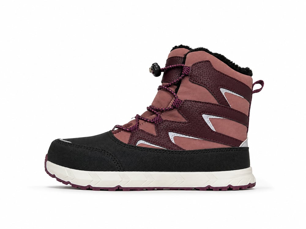 OEM/ODM fleece-lined winter snow boot in dusty rose with bungee toggle lacing and rubber toe bumper, manufactured by DOING Footwear (sample 10)