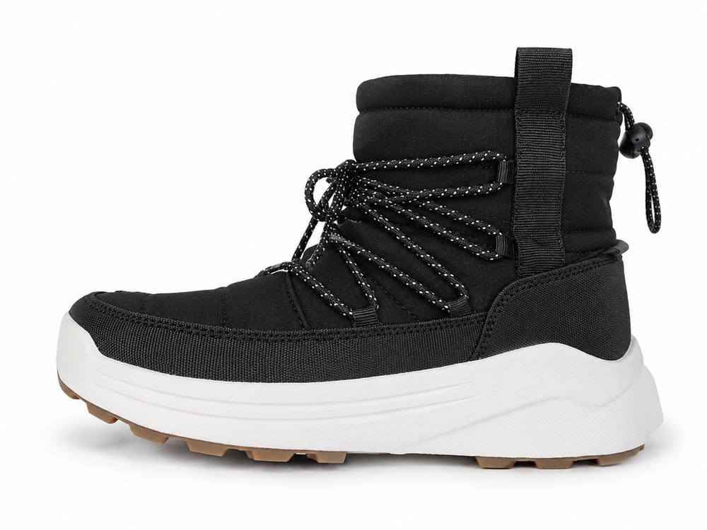 OEM/ODM black quilted winter boot with reflective laces, webbing heel pull and gum lug outsole, manufactured by DOING Footwear (sample 12)