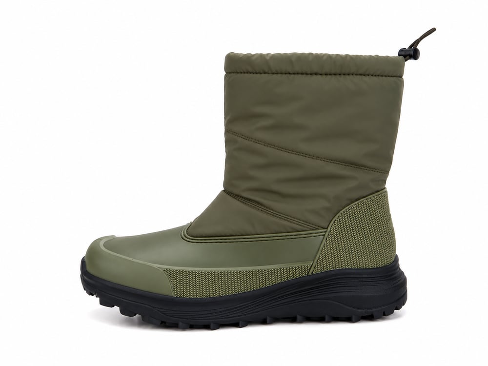 OEM/ODM olive pull-on winter boot with padded nylon shaft, drawcord collar and rubber shell toe, manufactured by DOING Footwear (sample 13)