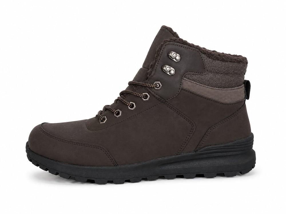 OEM/ODM dark-brown fleece-collar ankle boot with speed hooks and lugged rubber outsole, manufactured by DOING Footwear (sample 17)