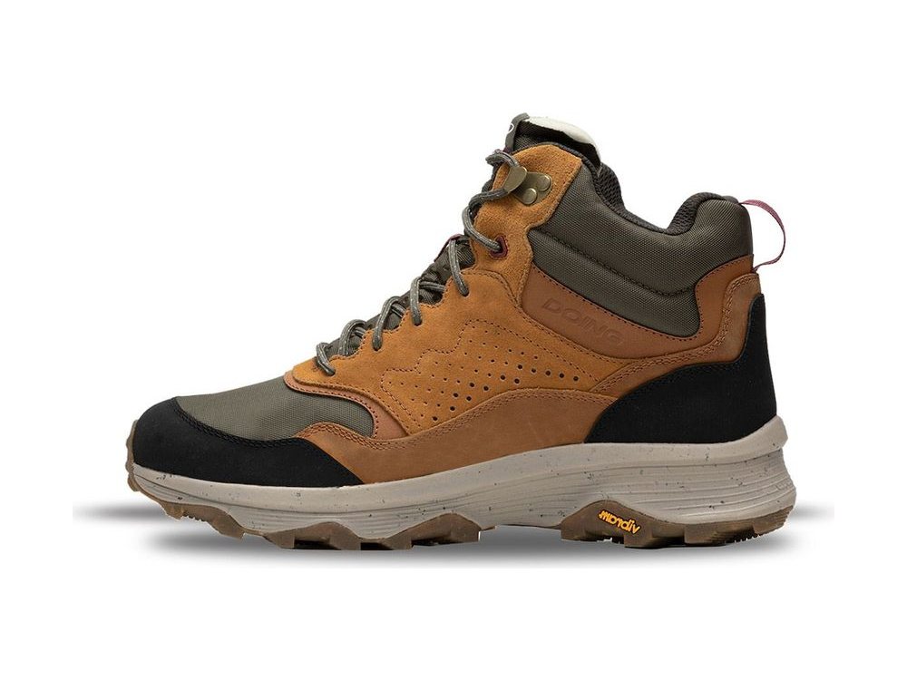 OEM/ODM tan nubuck and olive ripstop mid-cut hiker boot with a black rubber toe rand, perforated vent panel, burgundy lace-loop accents and a speckled cream midsole over a gum lug outsole, manufactured by DOING Footwear
