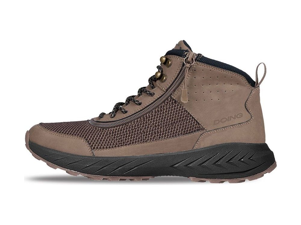 OEM/ODM taupe nubuck and mesh mid-cut boot with a side zip, brass eyelets, speckled laces and a black chevron-tread outsole, manufactured by DOING Footwear
