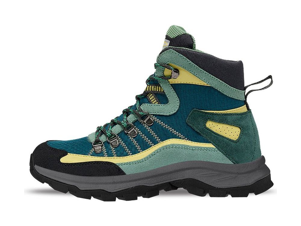 OEM/ODM teal and sage mid-cut trekking boot with yellow accents, contrast zig-zag stitching, metal lace hooks and a grey-and-black lug outsole, manufactured by DOING Footwear