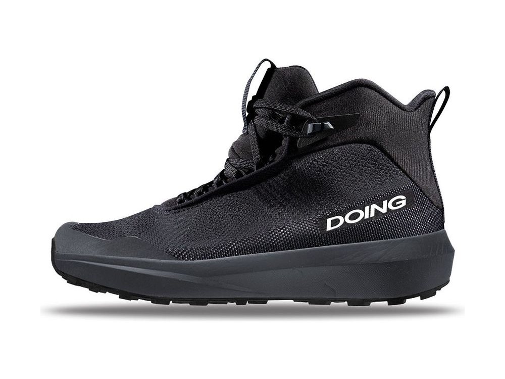 OEM/ODM all-black knitted mid-cut boot with a bootie construction, webbing lace loop and a moulded dark grey midsole over a low-profile lug outsole, manufactured by DOING Footwear