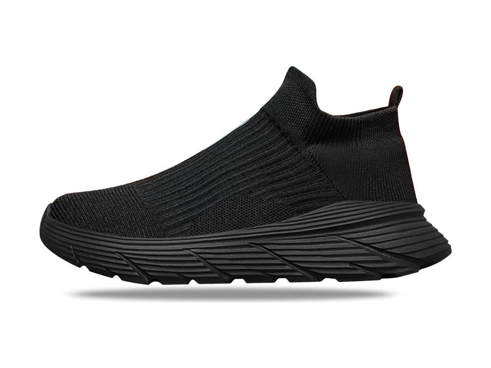 OEM/ODM black laceless knit slip-on boot with a ribbed sock collar, heel pull tab and a sculpted black midsole with horizontal grooving, manufactured by DOING Footwear