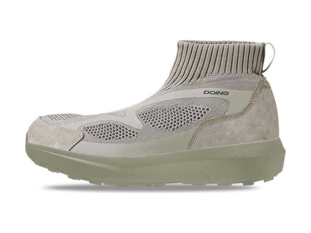OEM/ODM stone-grey knit and suede sock boot with mesh vent panels, ribbed collar, heel pull loop and a tonal chunky midsole, manufactured by DOING Footwear
