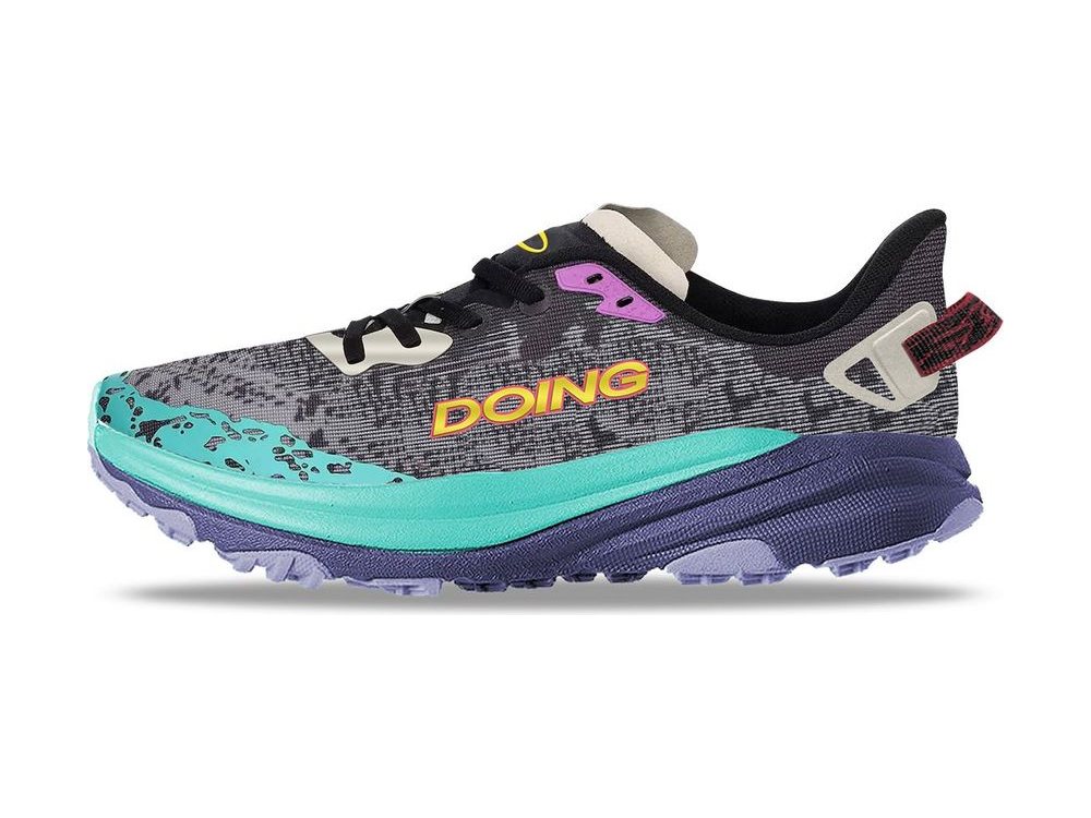 OEM/ODM grey marl trail running shoe with turquoise toe wrap, magenta and yellow accents, red heel tab and a two-tone turquoise-and-navy midsole on lilac lugs, manufactured by DOING Footwear
