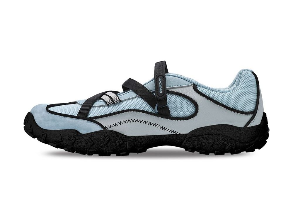 OEM/ODM pale blue outdoor shoe with a black hook-and-loop cross strap, zig-zag stitched overlay and a black lug outsole with arrow-shaped tread, manufactured by DOING Footwear