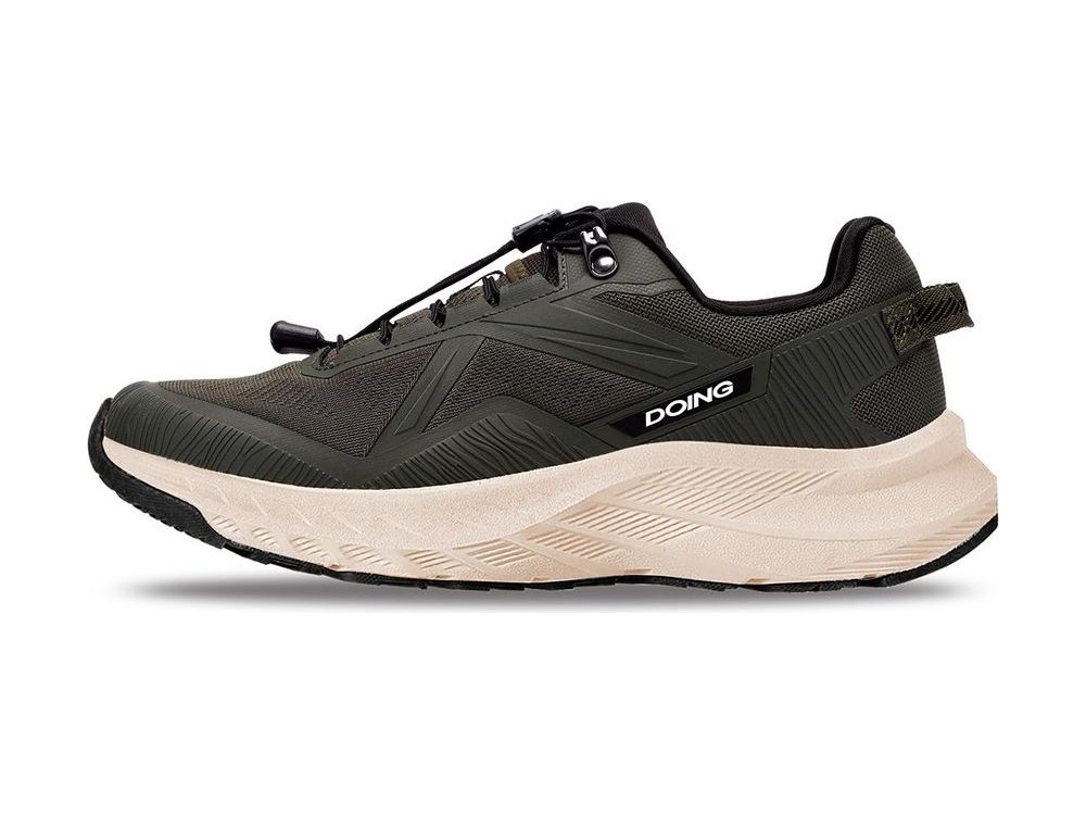 OEM/ODM olive ripstop trail shoe with a bungee toggle lacing system, welded overlays, webbing heel tab and a thick cream foam midsole on a black outsole, manufactured by DOING Footwear