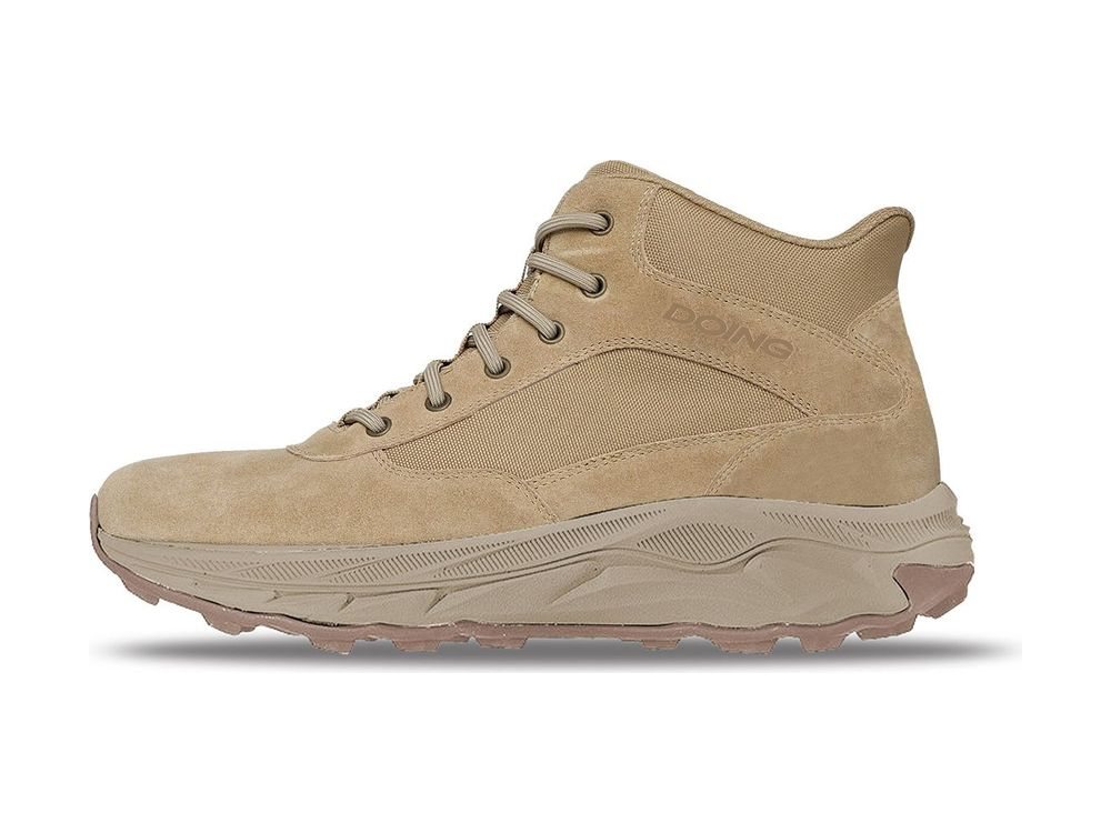 OEM/ODM sand-beige suede and canvas mid-cut hiking boot with tonal round laces, a padded collar and a sand midsole over a mauve-brown lug outsole, manufactured by DOING Footwear