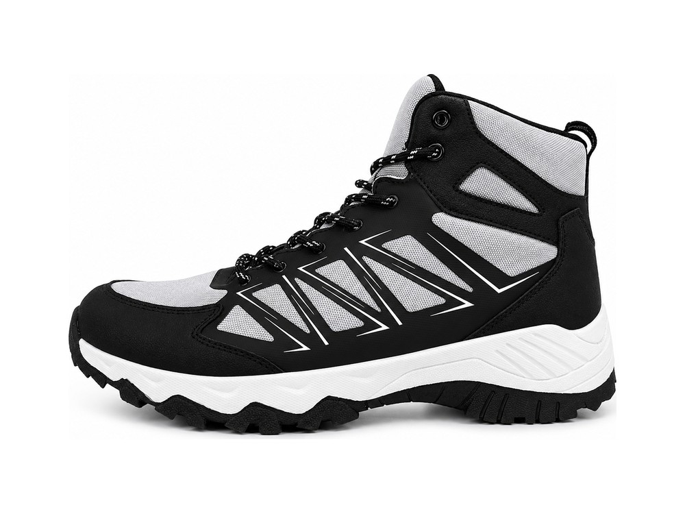 OEM/ODM black and grey mid-cut hiking boot with white geometric graphics, speckled round laces, padded collar with pull loop and a white midsole over a black lug outsole, manufactured by DOING Footwear