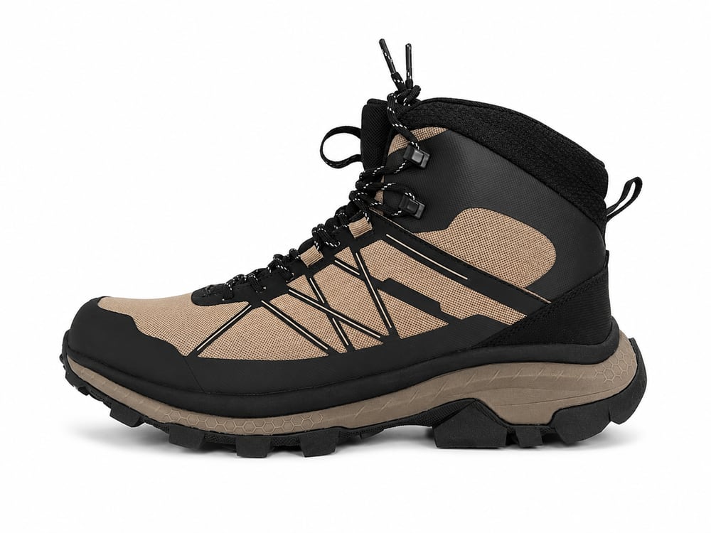 OEM/ODM sand and black mid-cut hiking boot with TPU cage overlays, lace-lock hooks and multi-directional lug outsole, manufactured by DOING Footwear (sample 21)