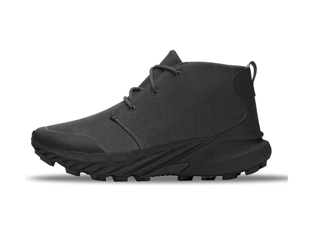 OEM/ODM dark grey canvas chukka-style hiking boot with a rubber toe bumper, three-eyelet lacing, heel pull loop and an aggressive all-black lug outsole, manufactured by DOING Footwear