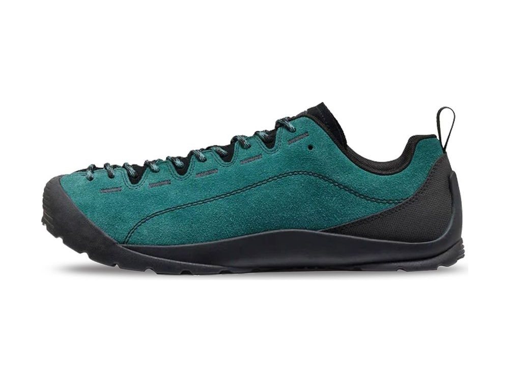 OEM/ODM teal suede low-cut approach shoe with black toe rand, tonal laces, black heel pull loop and a flat black rubber outsole, manufactured by DOING Footwear