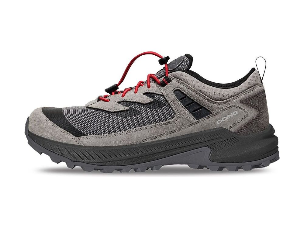 OEM/ODM grey suede and mesh low-cut hiking shoe with red bungee quick-lacing, black toe rand, heel pull loop and a two-tone grey lug outsole, manufactured by DOING Footwear