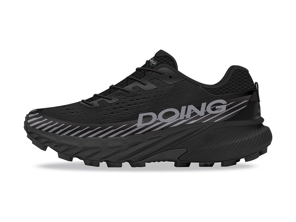 OEM/ODM black engineered-mesh trail shoe with grey diagonal graphics, perforated vamp and a chunky black midsole over widely spaced lugs, manufactured by DOING Footwear