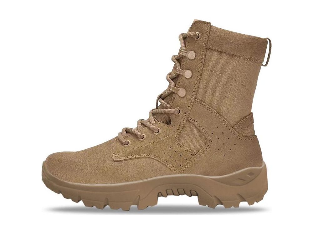 Coyote-tan eight-inch tactical boot in suede and canvas with side ventilation eyelets, rear pull loop and a tan lug outsole, built to buyer spec by DOING Footwear
