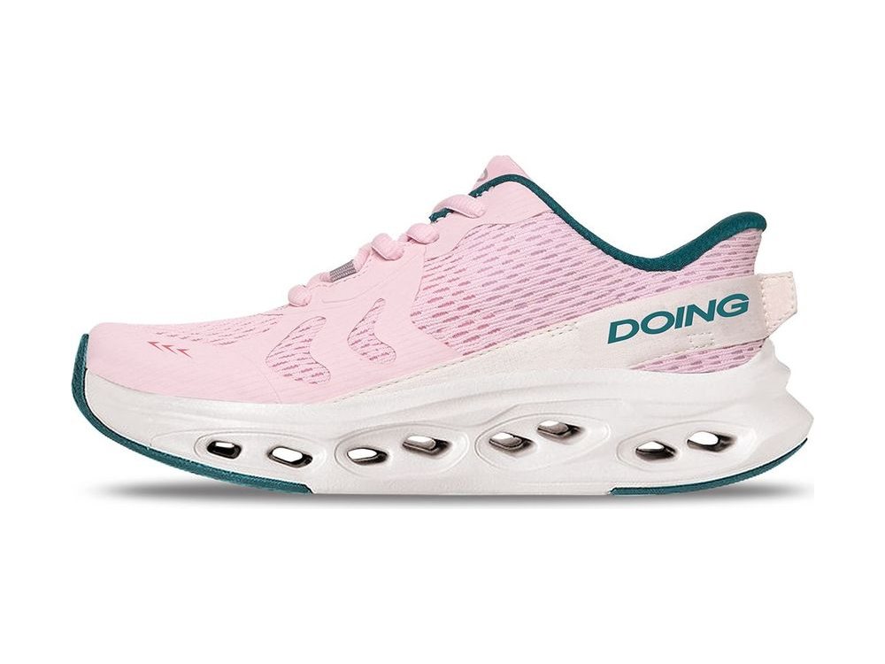 OEM/ODM pale pink knit running shoe with tonal stripe texture, dark teal heel counter and collar trim, and a white midsole pierced by a row of oval cut-outs, manufactured by DOING Footwear
