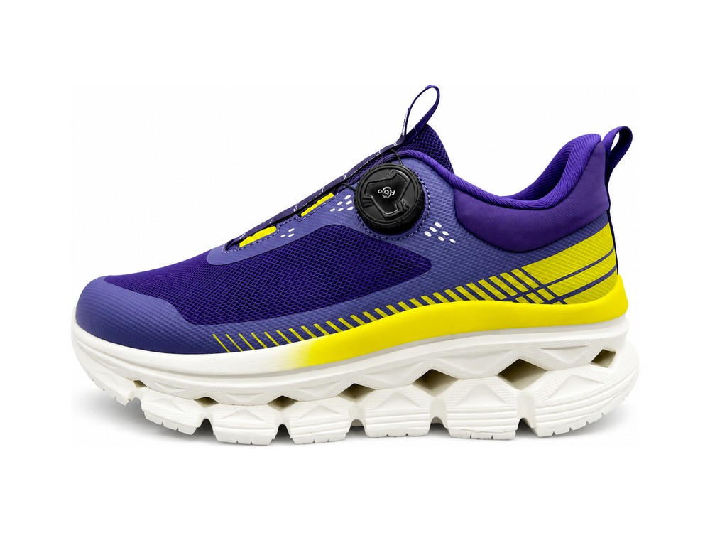 OEM/ODM purple mesh running shoe with a rotary dial lacing system, yellow midfoot flashes and a white lugged midsole with geometric tread, manufactured by DOING Footwear