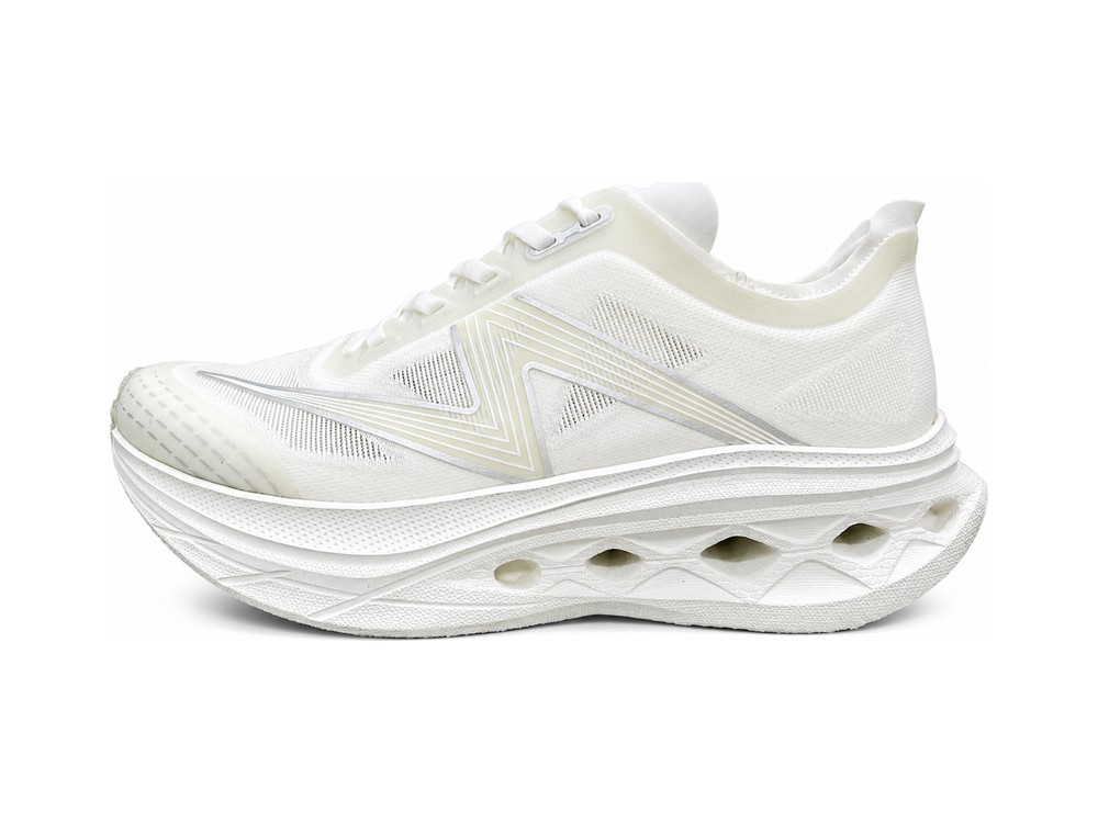 OEM/ODM white translucent-mesh running shoe with chevron overlays and a tall stacked white midsole with hollowed side channels, manufactured by DOING Footwear