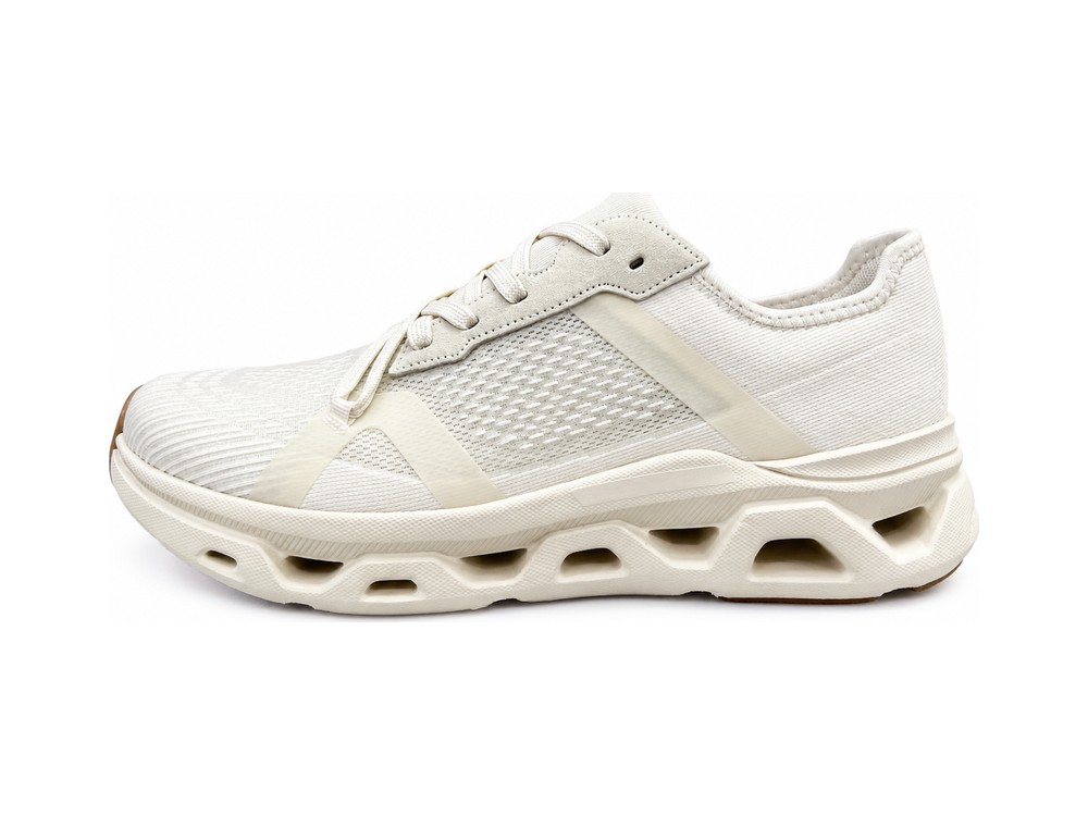 OEM/ODM off-white knit and suede running shoe with tonal midfoot straps and a cream midsole with scalloped cut-outs over a gum rim, manufactured by DOING Footwear