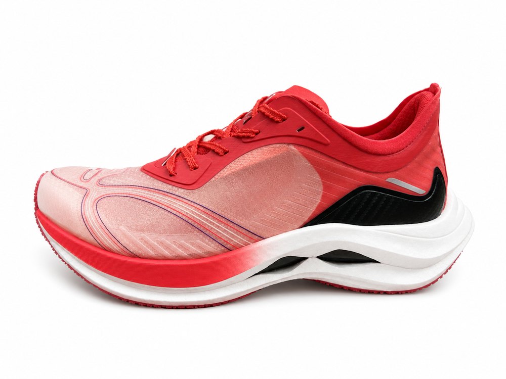 Carbon-plate marathon running shoe made by DOING Footwear — the carbon plate and its weave visible in the midsole