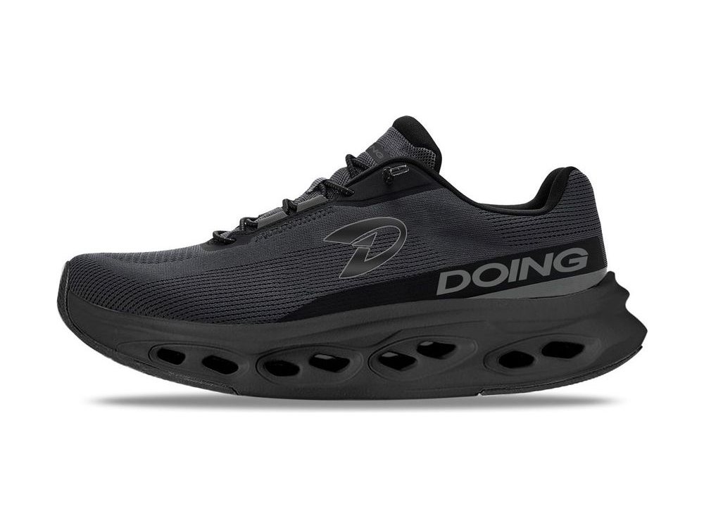 OEM/ODM all-black knit running shoe with tonal overlays and a thick black midsole pierced by large oval cut-outs, manufactured by DOING Footwear