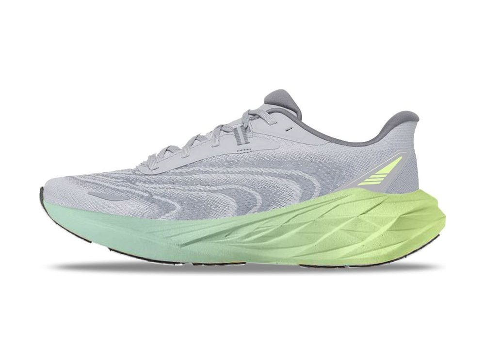 OEM/ODM light grey swirl-knit running shoe with lime and mint gradient midsole, tonal laces and a rockered sole profile, manufactured by DOING Footwear