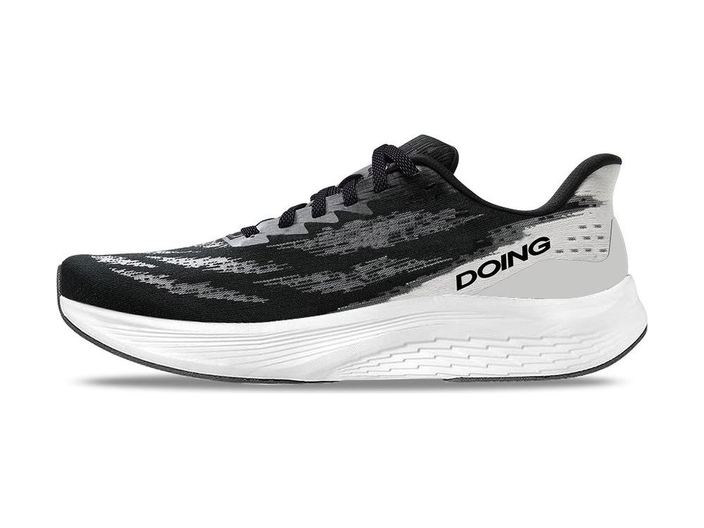 OEM/ODM black and white space-dye knit running shoe with a grey heel counter and a smooth white foam midsole, manufactured by DOING Footwear