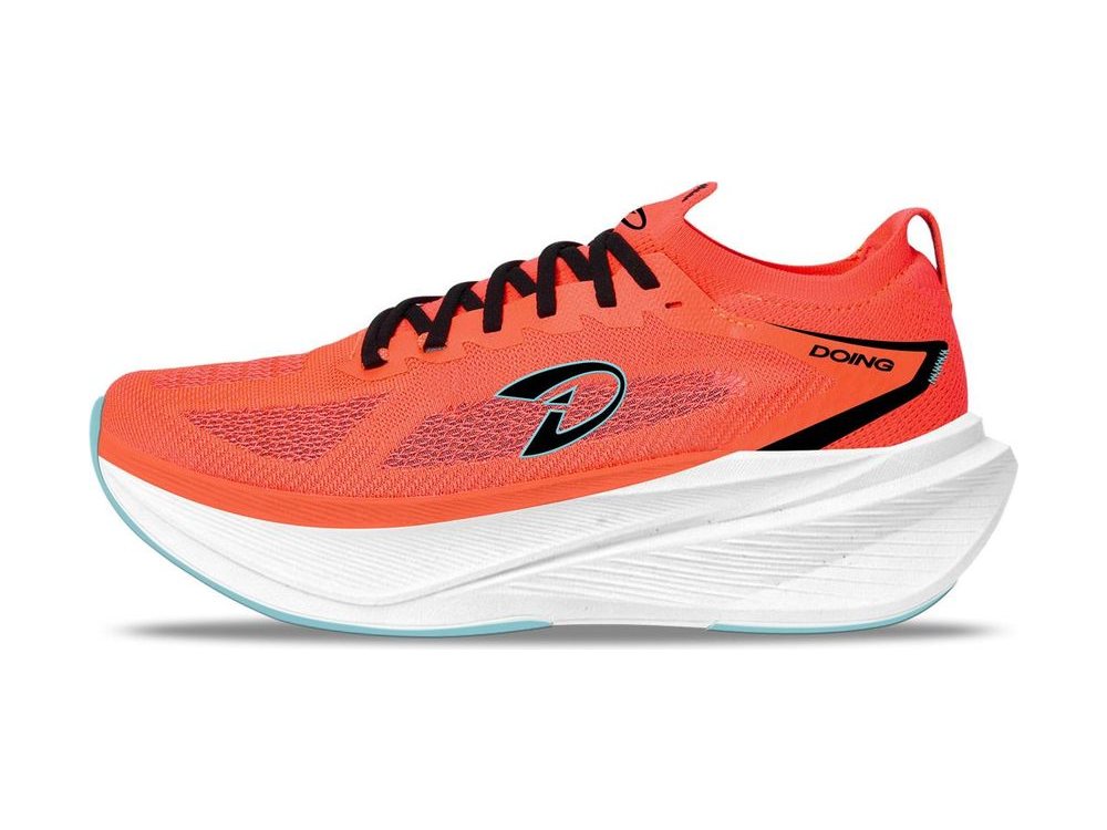 OEM/ODM coral-orange engineered-mesh racing shoe with black laces, a knit sock collar and a thick white foam midsole with pale blue outsole rim, manufactured by DOING Footwear