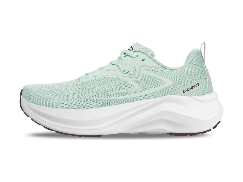OEM/ODM mint-green mesh running shoe with tonal overlays, heel pull tab and a white foam midsole with a plum outsole rim, manufactured by DOING Footwear