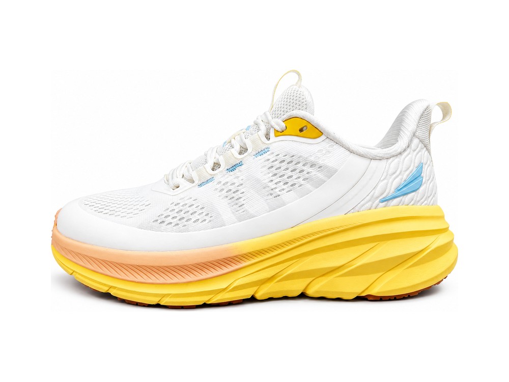 OEM/ODM white open-mesh running shoe with blue and yellow accents and a two-tone peach-and-yellow sculpted foam midsole, manufactured by DOING Footwear