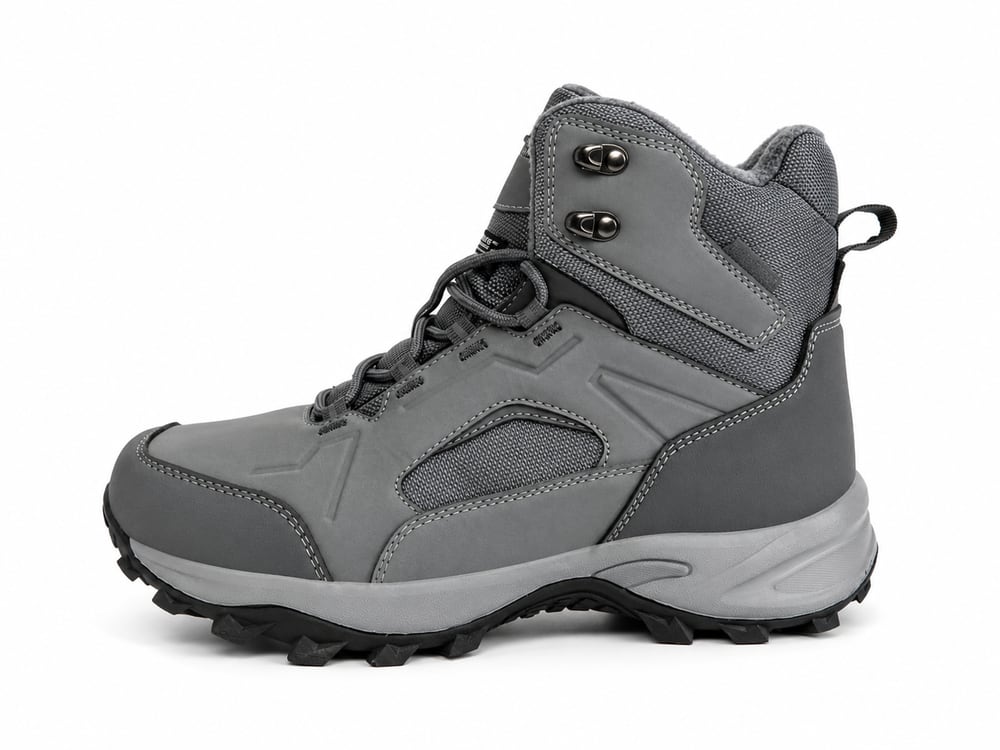 OEM/ODM grey nubuck mid-cut work boot with padded collar, metal speed hooks and deep-lug rubber outsole, manufactured by DOING Footwear (sample 4)