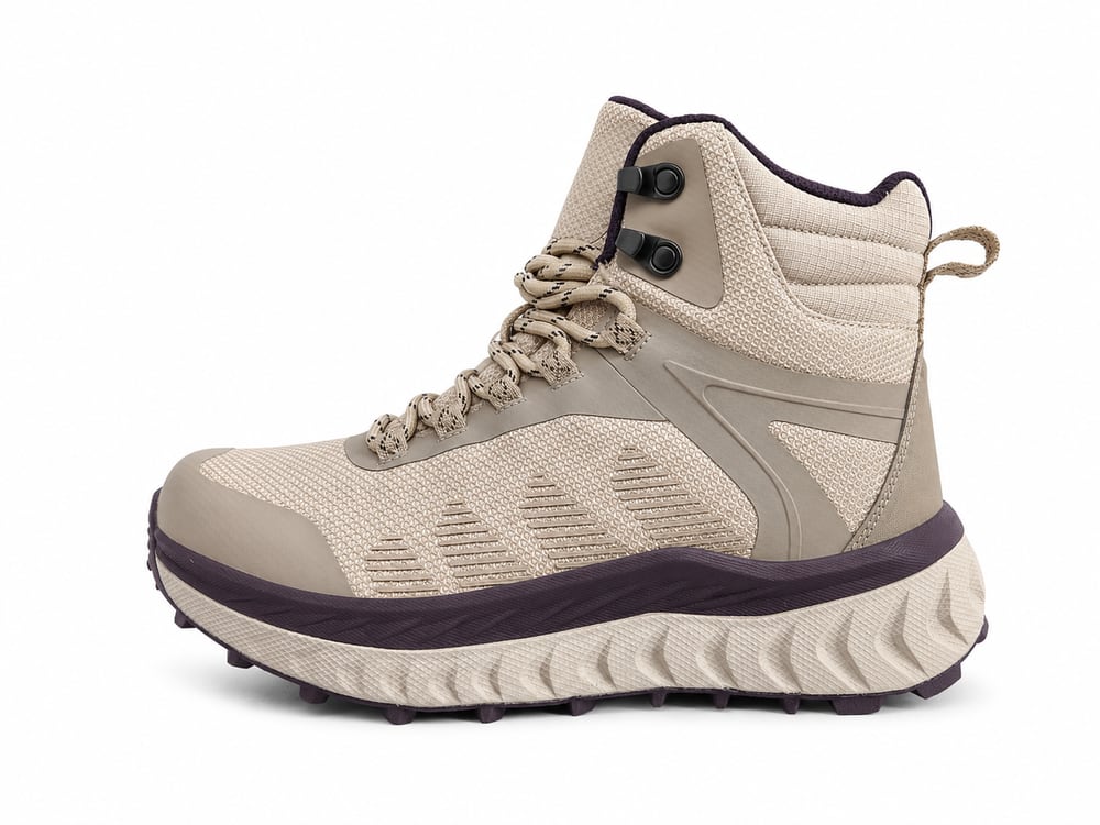 OEM/ODM sand-beige mid-cut work boot with knit upper, TPU toe overlay and aggressive lug outsole, manufactured by DOING Footwear (sample 5)