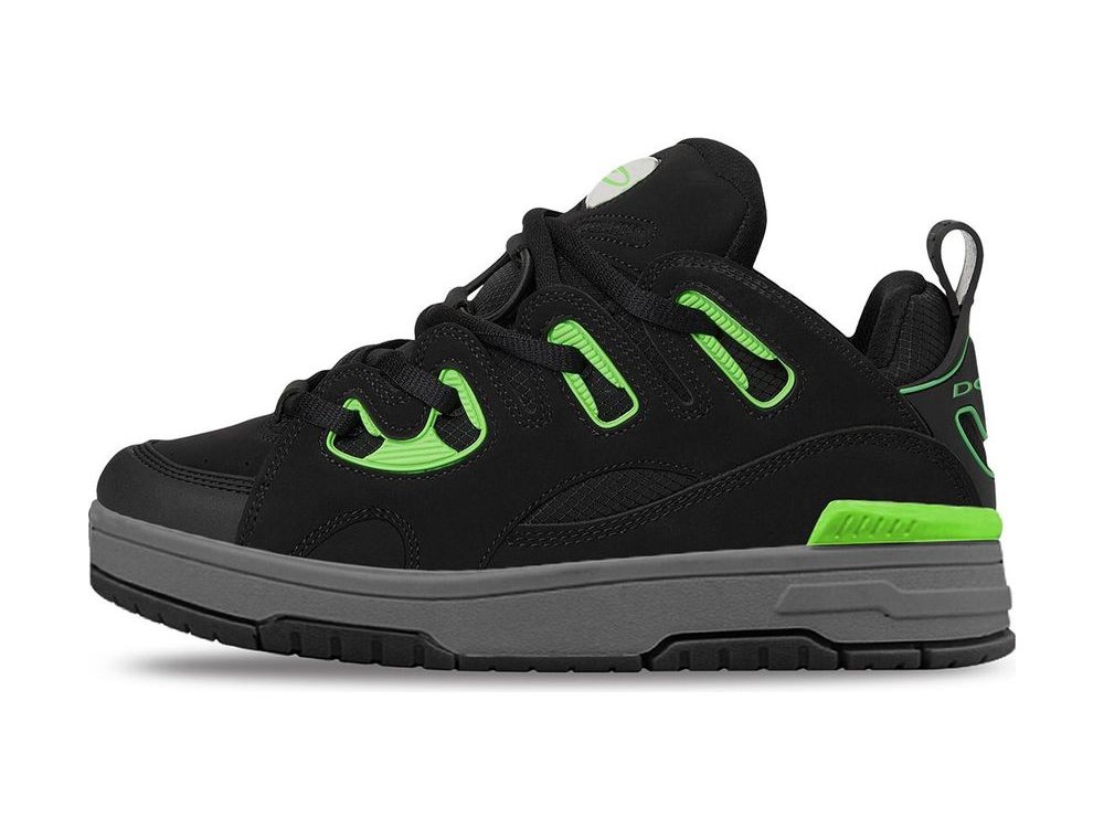 OEM/ODM black nubuck chunky skate sneaker with lime green lace loops and heel accent, padded tongue and a two-tone grey-and-black cupsole, manufactured by DOING Footwear