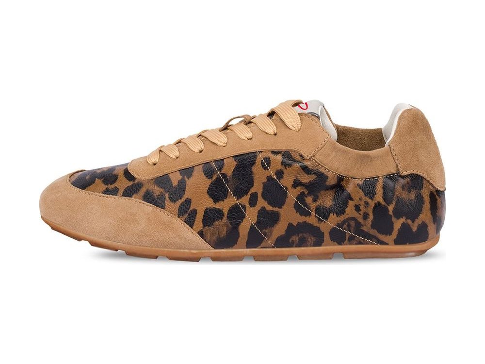 OEM/ODM leopard-print leather trainer with tan suede toe cap, eyestay and heel panels, tan flat laces and a gum outsole, manufactured by DOING Footwear