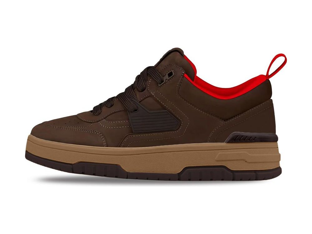 OEM/ODM dark brown nubuck low-top court sneaker with contrast stitching, red padded collar lining and pull tab, and a thick gum midsole on a dark brown outsole, manufactured by DOING Footwear