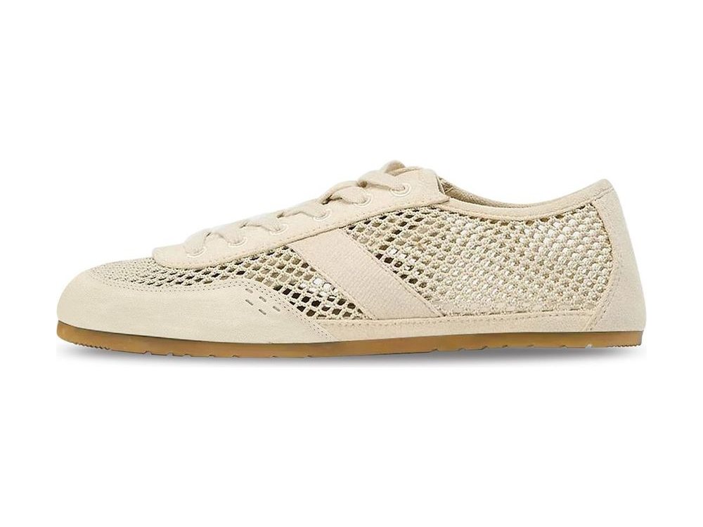 OEM/ODM cream open-mesh low-top sneaker with suede toe cap, eyestay and heel panels, tonal flat laces and a slim gum outsole, manufactured by DOING Footwear