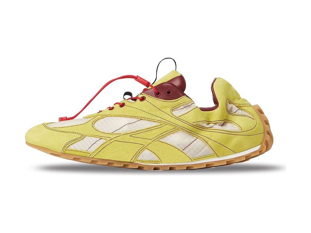 OEM/ODM lime suede runner with cream ripstop side panels, burgundy leather tongue and heel counter, a red bungee lace with cord lock and a gum lug outsole, manufactured by DOING Footwear