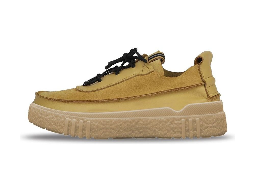 OEM/ODM mustard suede and leather low shoe with a black bungee lace and toggle, webbing heel loop and a thick cream crepe-textured platform outsole, manufactured by DOING Footwear