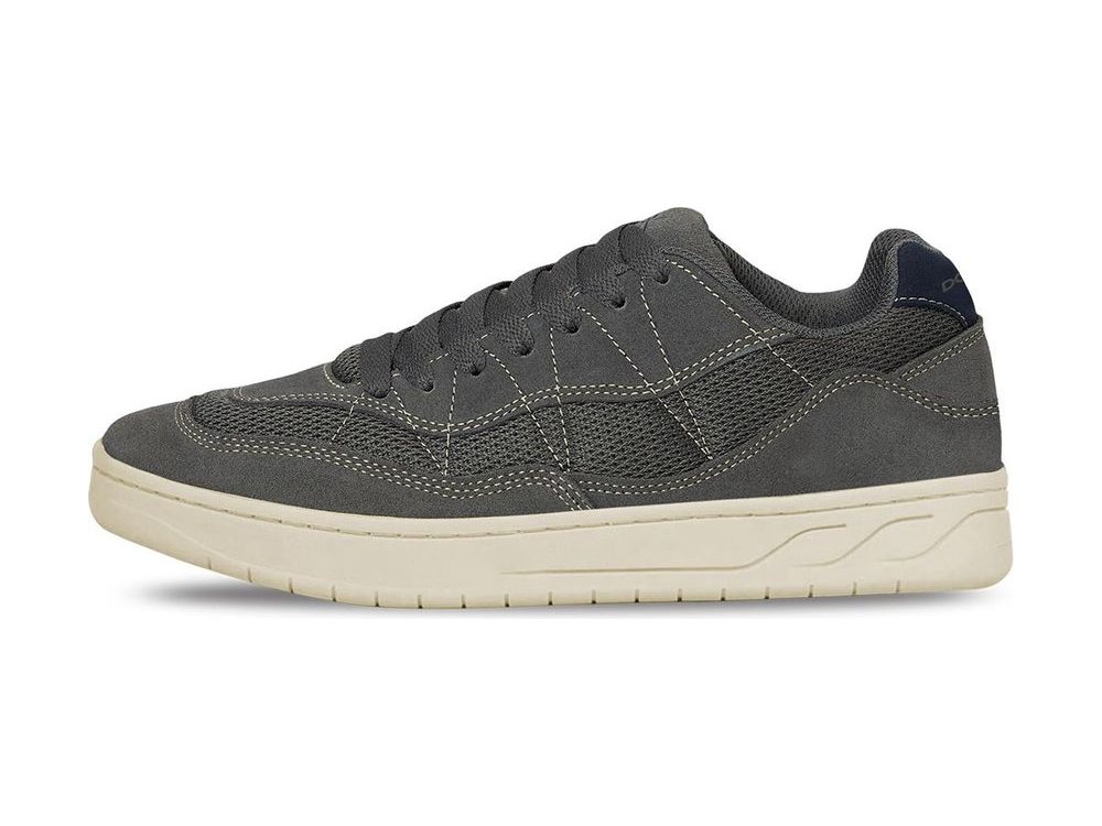 OEM/ODM charcoal suede and mesh low-top sneaker with cream contrast stitching, navy heel tab and an off-white vulcanised cupsole, manufactured by DOING Footwear
