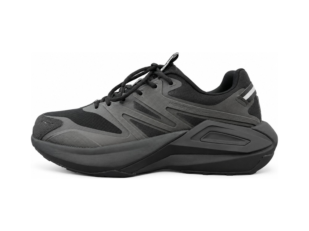OEM/ODM black and grey technical runner with mesh upper, moulded TPU side cage, reflective lace pull and an oversized sculpted black midsole, manufactured by DOING Footwear