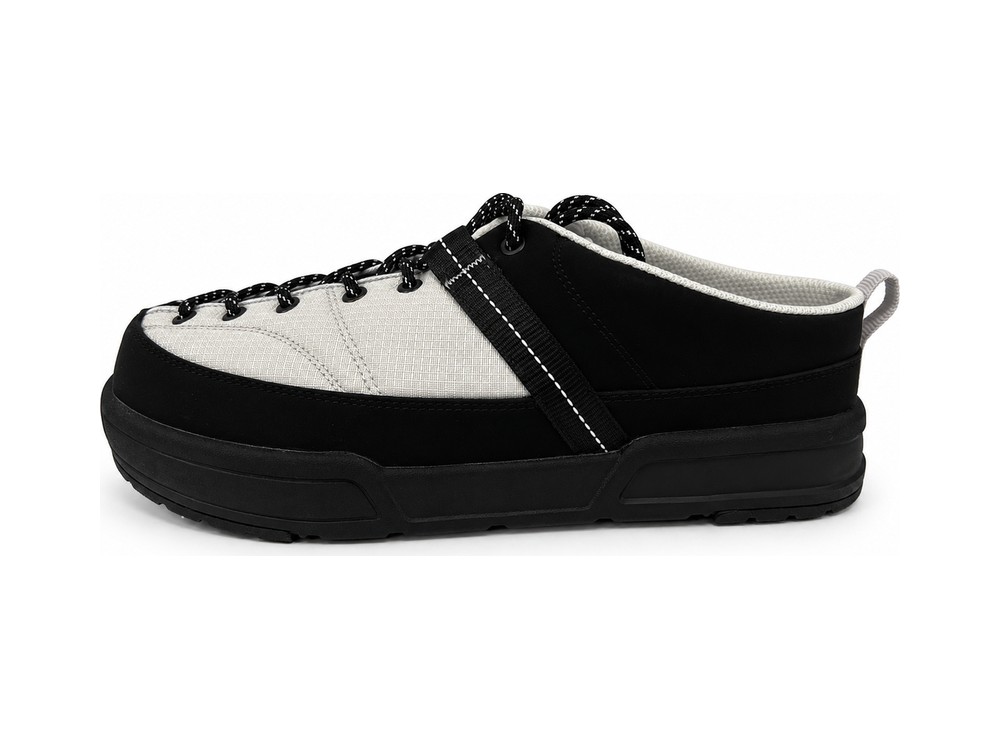 OEM/ODM backless mule sneaker in off-white ripstop and black suede with a black webbing side strap, speckled rope laces, grey heel pull loop and a chunky black outsole, manufactured by DOING Footwear
