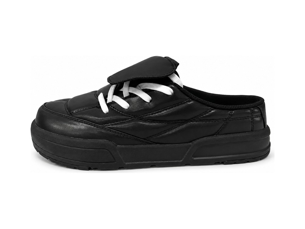 OEM/ODM all-black padded leather backless mule sneaker with a hook-and-loop tongue flap, white flat laces and a chunky black platform outsole, manufactured by DOING Footwear