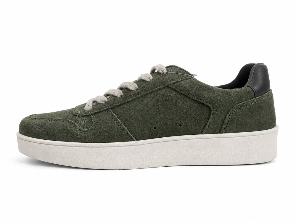 Olive suede low-top court sneaker with cream flat laces, black leather heel tab and a white cupsole, built to buyer spec by DOING Footwear